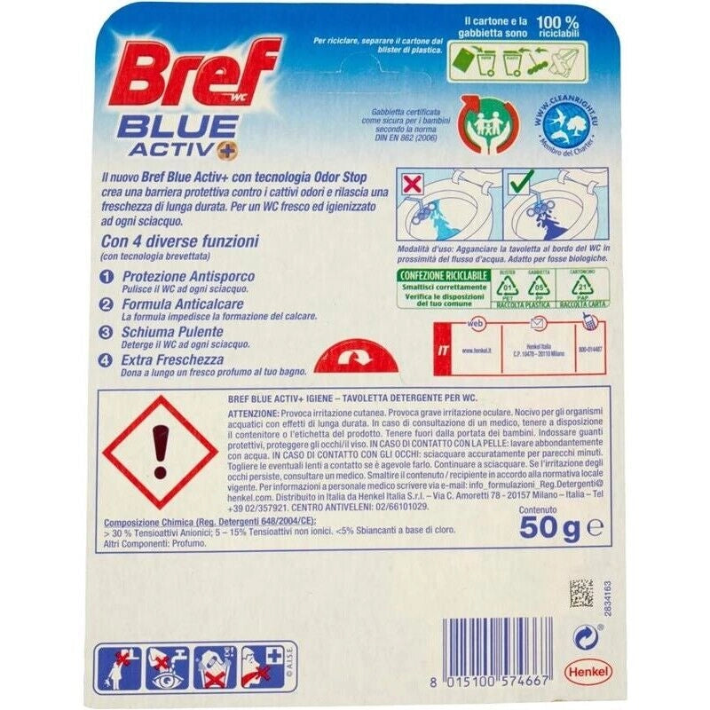 BREF SET 8 CONFEZIONI WC POWER ACTIV BLUE DETERGENTE PROFUMATORE IN PASTIGLIE IGIENIZZANTE FRESCO FORMATO 50 G