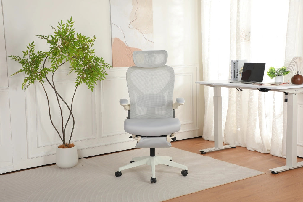 Sedia da ufficio ergonomica pieghevole con supporto lombare, poggiatesta 3D e funzione di inclinazione in schiuma grigio