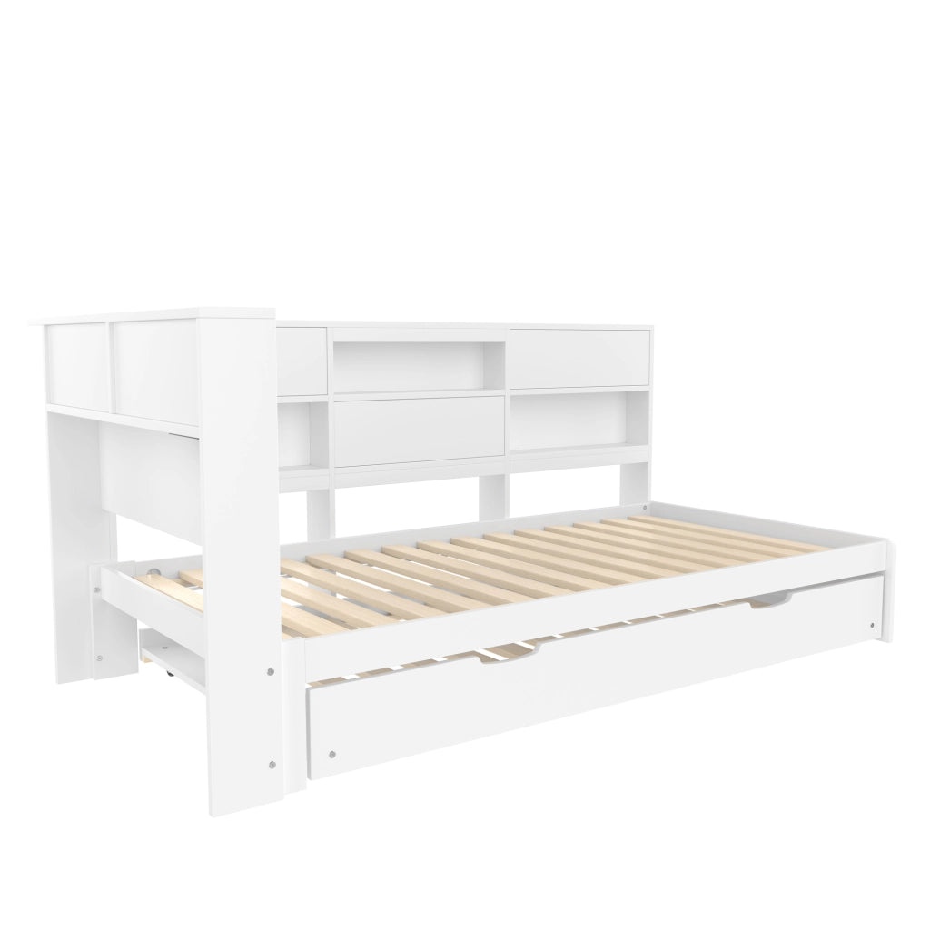 Letto estraibile singolo 90×200 cm con testiera con vano portaoggetti; USB Type C; senza materasso; bianco