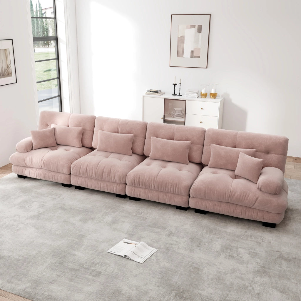 Divano angolare modulare 4 posti con seduta profonda e cuscini in chenille rosa per soggiorno e ufficio moderno