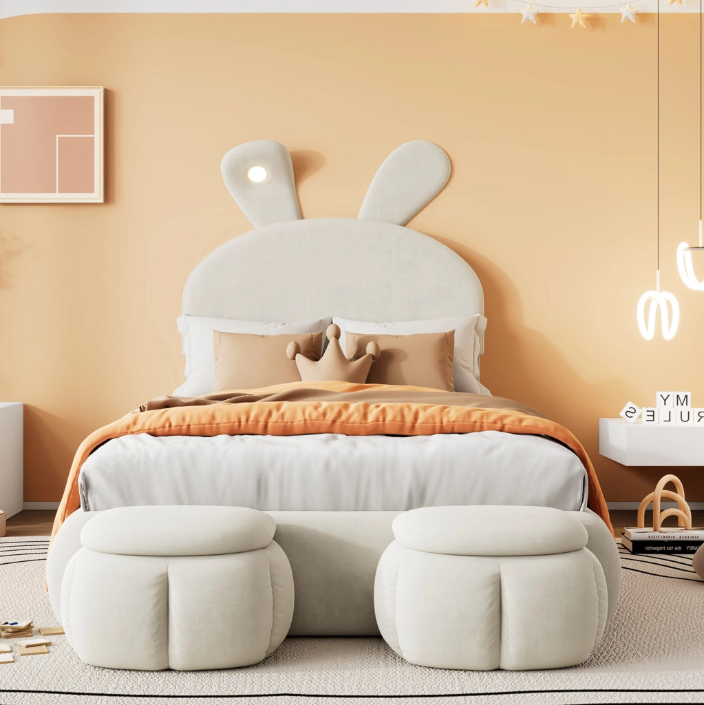 Letto imbottito 90x200 cm beige in velluto con LED e 2 pouf contenitore