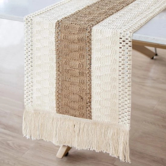 Tappeto per tavolo bohemiano - 30 x 300 cm - con frange in cotone e juta - decorazione per tavolo stile country - farmhouse style