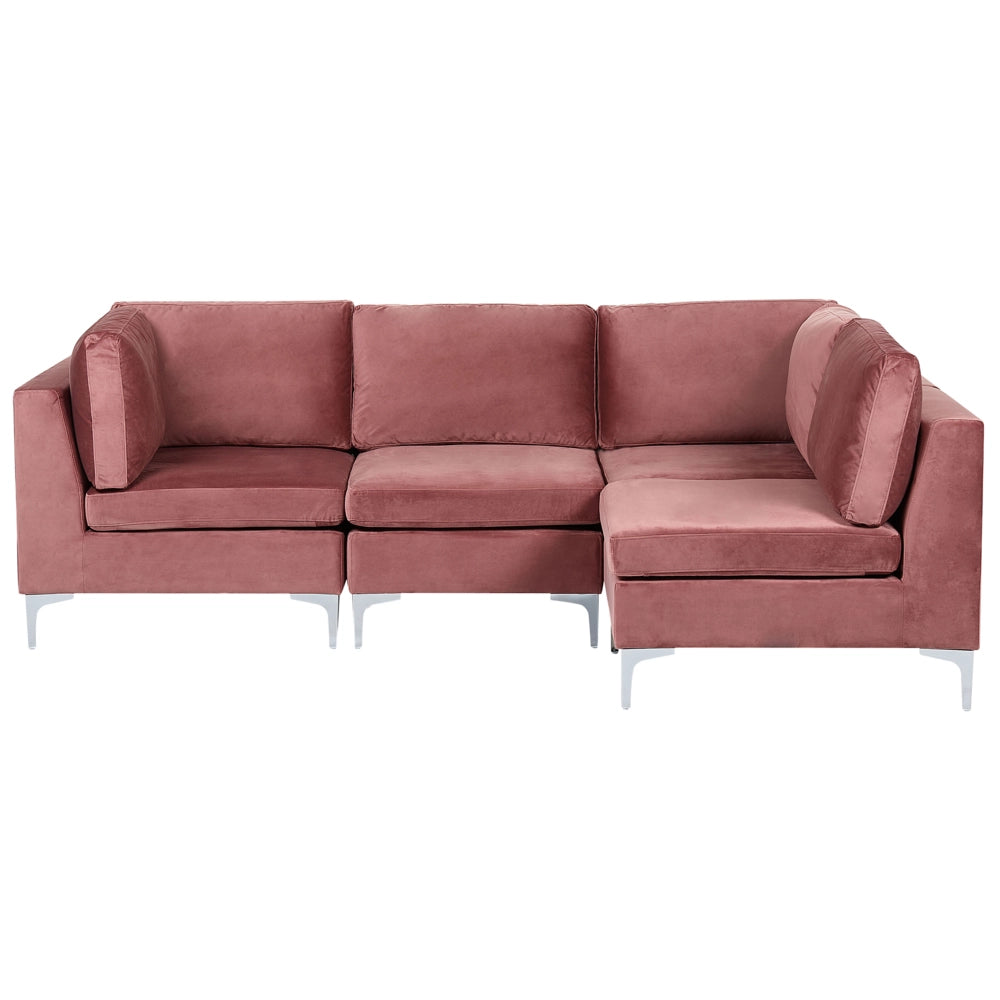 Divano ad angolo componibile versione sinistra a 4 posti in velluto rosa con gambe in metallo argento stile glamour