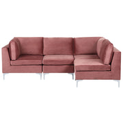 Divano ad angolo componibile versione sinistra a 4 posti in velluto rosa con gambe in metallo argento stile glamour
