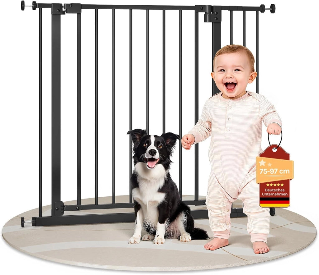 Cancelletto per Bambini in Metallo, Cancello per Scale e Porte 75-97 cm, per Cani, Apertura Bidirezionale, Chiusura Doppia, Montaggio con o senza Fori, Nero
