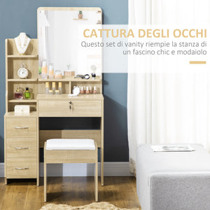 Consolle Trucco con Specchio 80x38x143 cm con Sgabello in Truciolare Color Legno