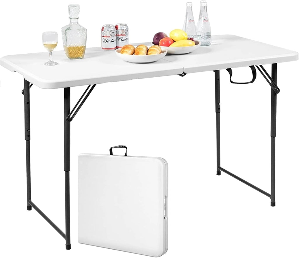Tavolo da Campeggio Pieghevole, Tavolo da Giardino Portabile con Maniglia di Trasporto e Telaio in Acciaio, Regolabile in Altezza a 3 Posizioni, Portata di 150kg, 122x61x46/60/74cm, Bianco