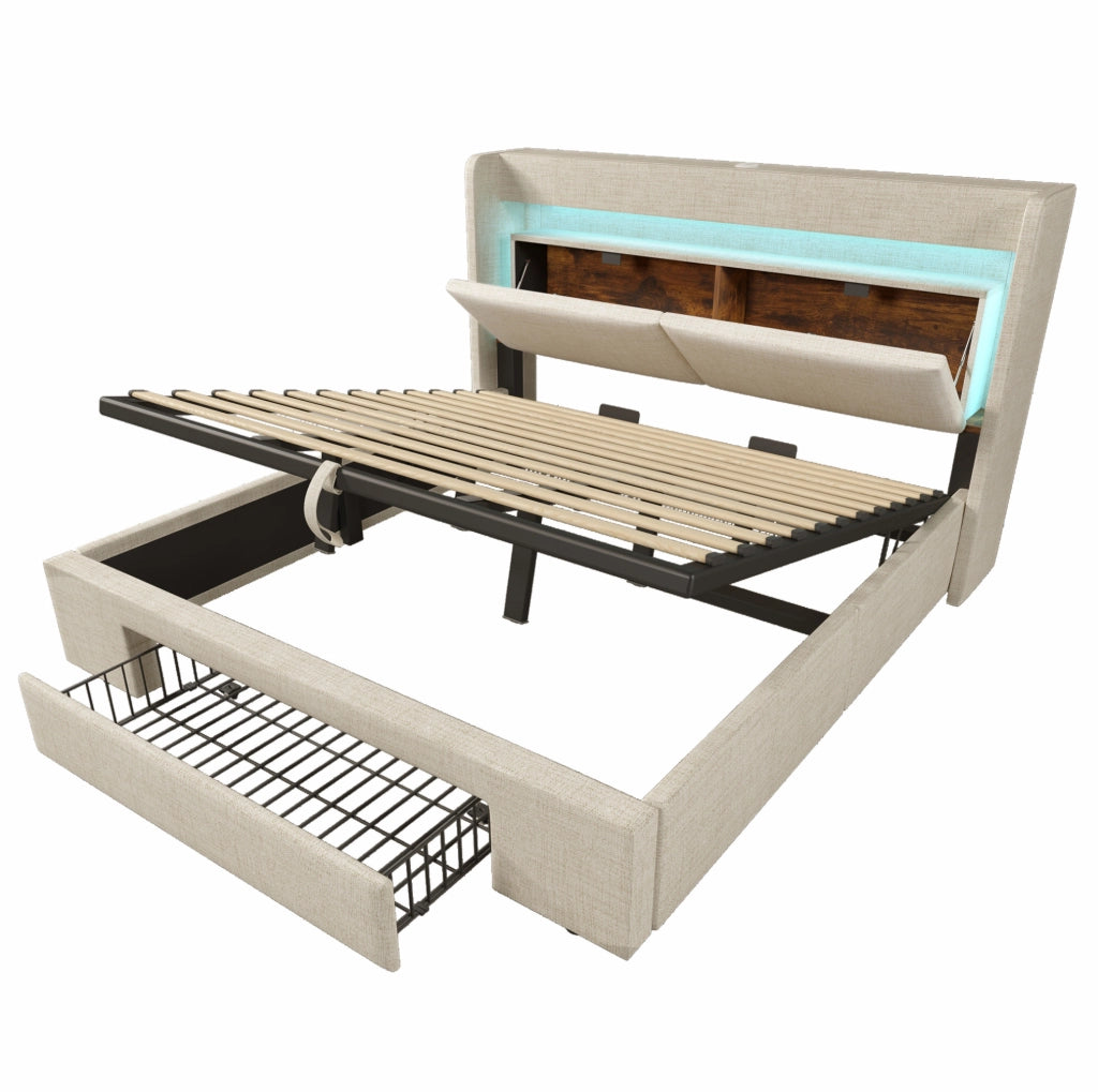 Letto imbottito 180x200 cm in lino beige con contenitore idraulico; LED; USB e USB-C