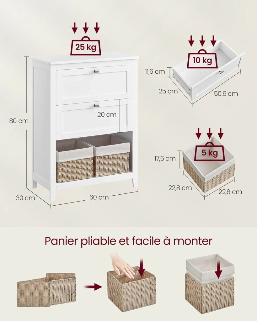 Mobiletto da bagno mobile contenitore con 2 cassetti 1 divisorio regolabile 2 cestelli credenza bianca 12_0006478