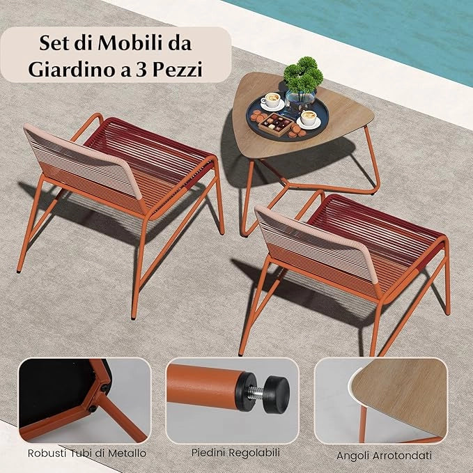 Set Salotto da Giardino in Rattan PE, con 2 Sedie e Tavolo Laterale in Legno-Plastica, Set Bistro per Balcone, Portico e Cortile