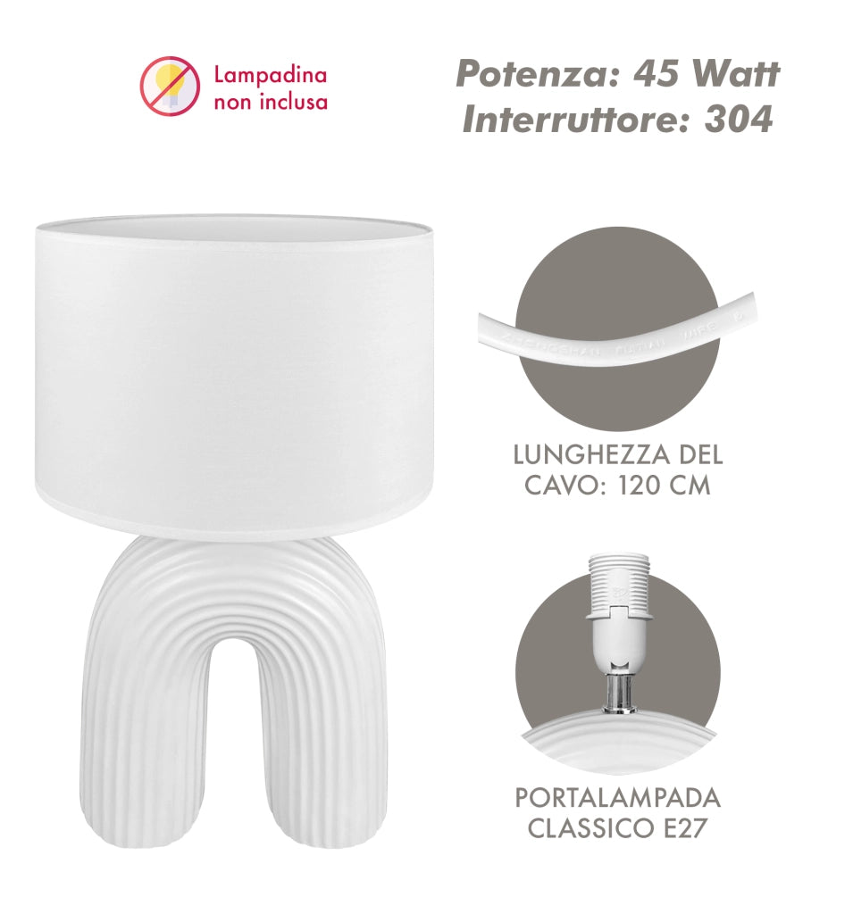 Lampada Moderna Da Comodino Tavola Forma Arcobaleno Grande 50 Cm Certificata RoHS In Ceramica Con Paralume 45W Scrivania Tavolo Abat Jour Bianco