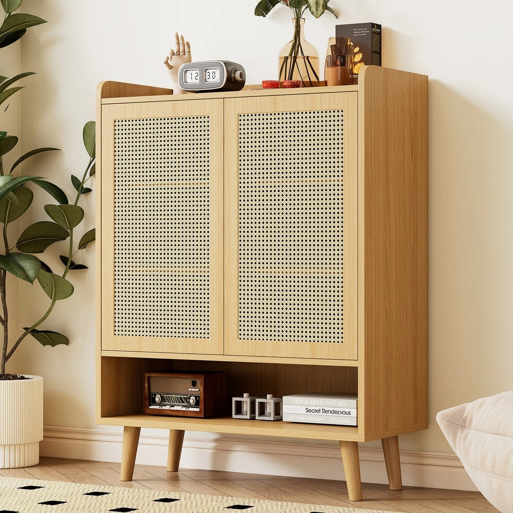 Scarpiera in Rattan con 2 Ante e 5 Ripiani ¨C MINIMAL ¨C Legno Massello, 80x105x35 cm
