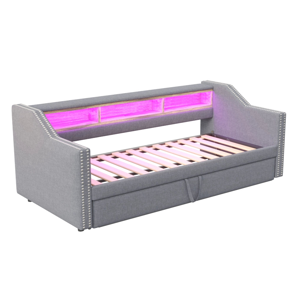 Divano letto imbottito estraibile 90/180 x 190 cm con LED e USB; grigio chiaro