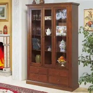 Credenza cristalliera in legno arte povera noce scuro 4 cassetti e 2 ante