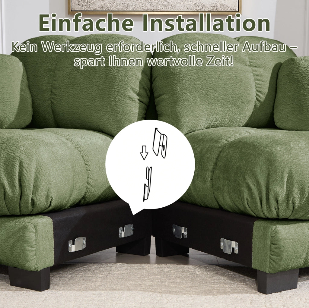 Divano angolare modulare a 3 posti in chenille verde; 260x149x90 cm; con pouf mobile