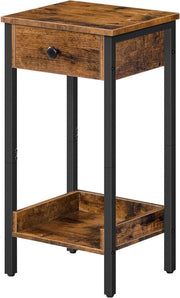 Biblioteca verticale con cassettiera e ripiano - Comodino industriale per camera da letto e soggiorno - Tavolo per telefono spazievitore - 38x29x70 cm - Comodino rustico marrone e nero