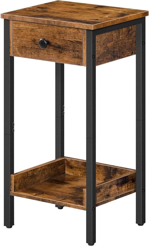 Biblioteca verticale con cassettiera e ripiano - Comodino industriale per camera da letto e soggiorno - Tavolo per telefono spazievitore - 38x29x70 cm - Comodino rustico marrone e nero