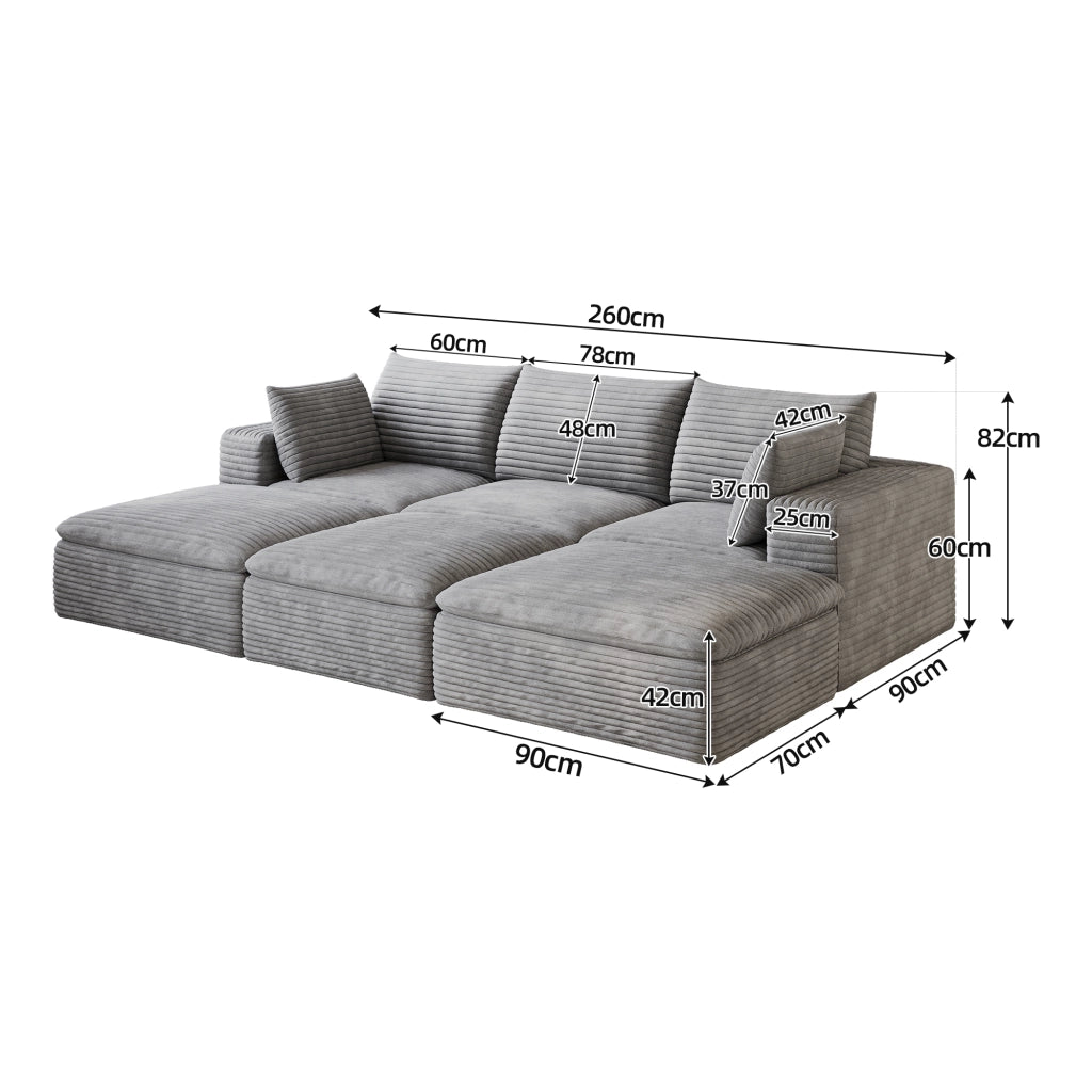 Divano Cloud 260cm in Velluto a Coste ¨C MINIMAL ¨C Grigio Scuro, Imbottito, Sfoderabile