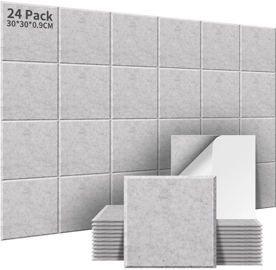 Pannelli Acustici Autoadesivi - 24 pezzi - Assorbimento del Suono Alta Densità - Decorazione Acustica per Parete - 30x30x0.9cm - Argento Grigio - Isolamento Acustico