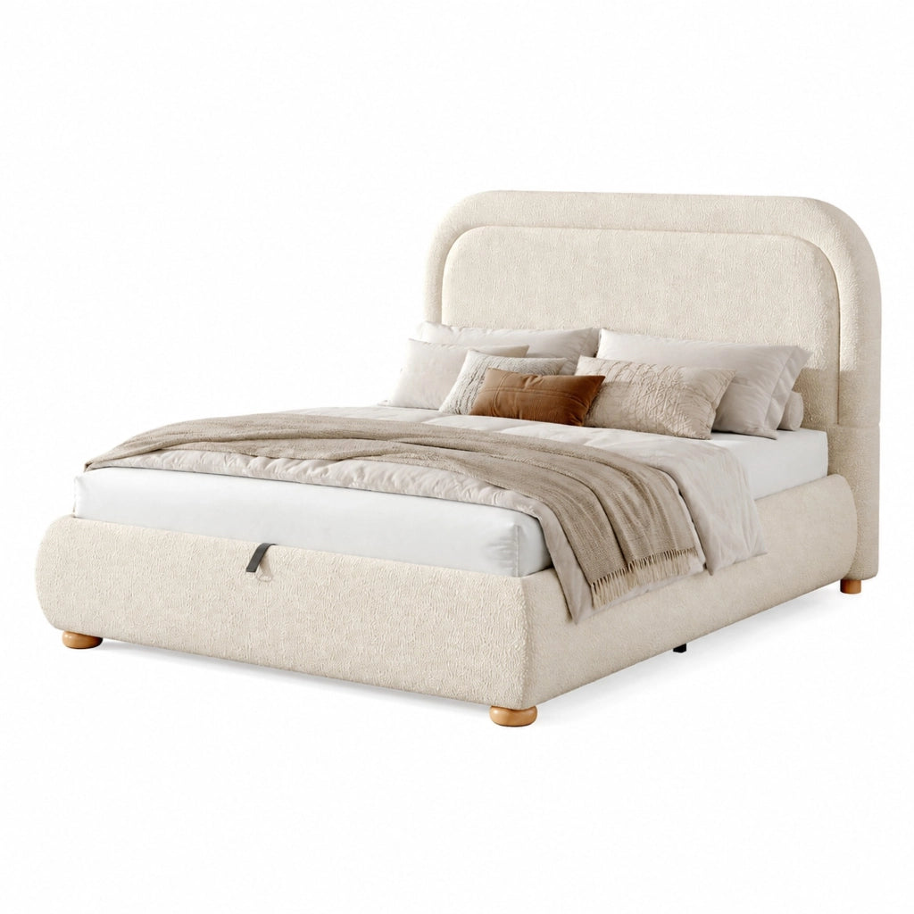 Letto matrimoniale 140 x 190 cm con contenitore idraulico, testiera imbottita e tessuto bouclé beige
