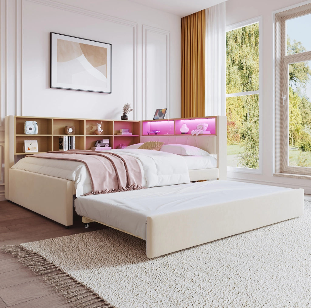 Divano letto multifunzione con letto estraibile, LED, prese integrate e vani portaoggetti