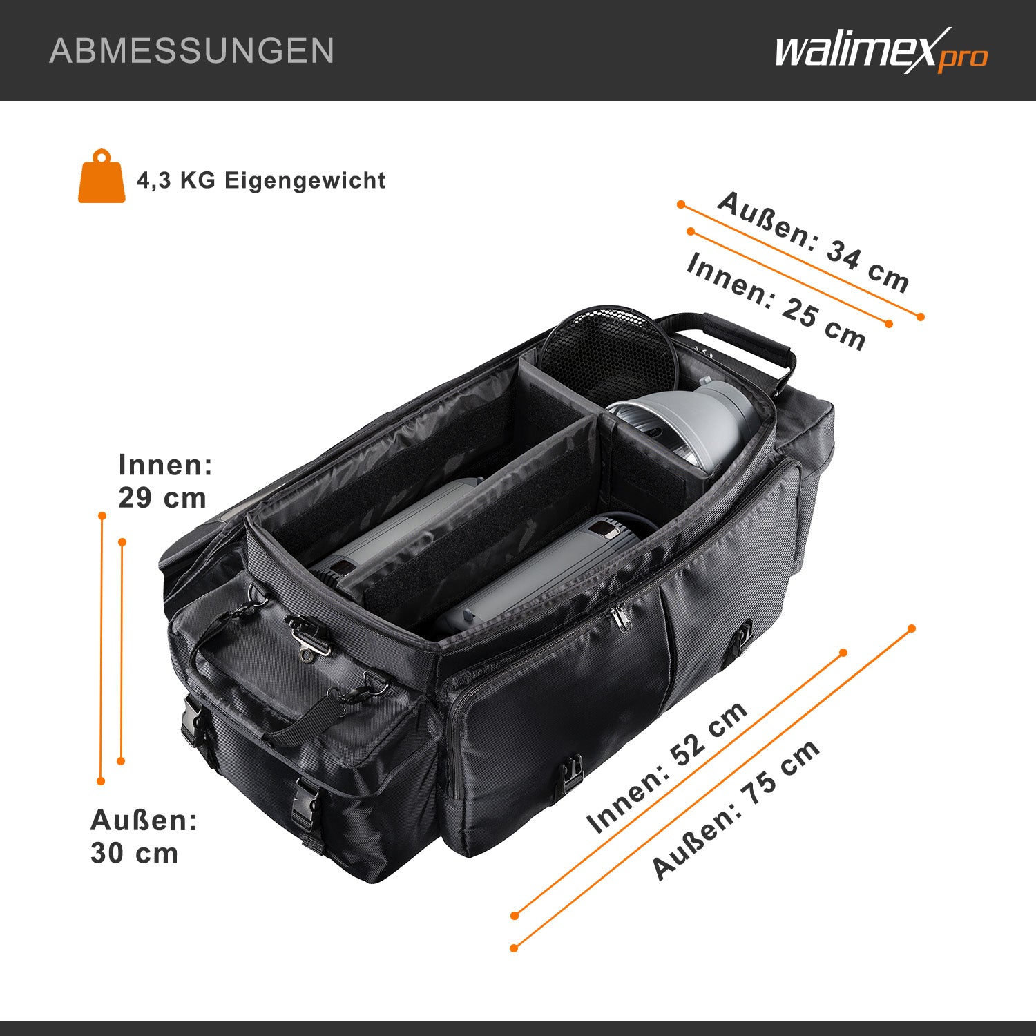 Borsa fotografica XXL, 750 x 340 x 300 mm, Borsone fotografico per flash e fotocamere, con divisori, tasche e passanti per treppiedi