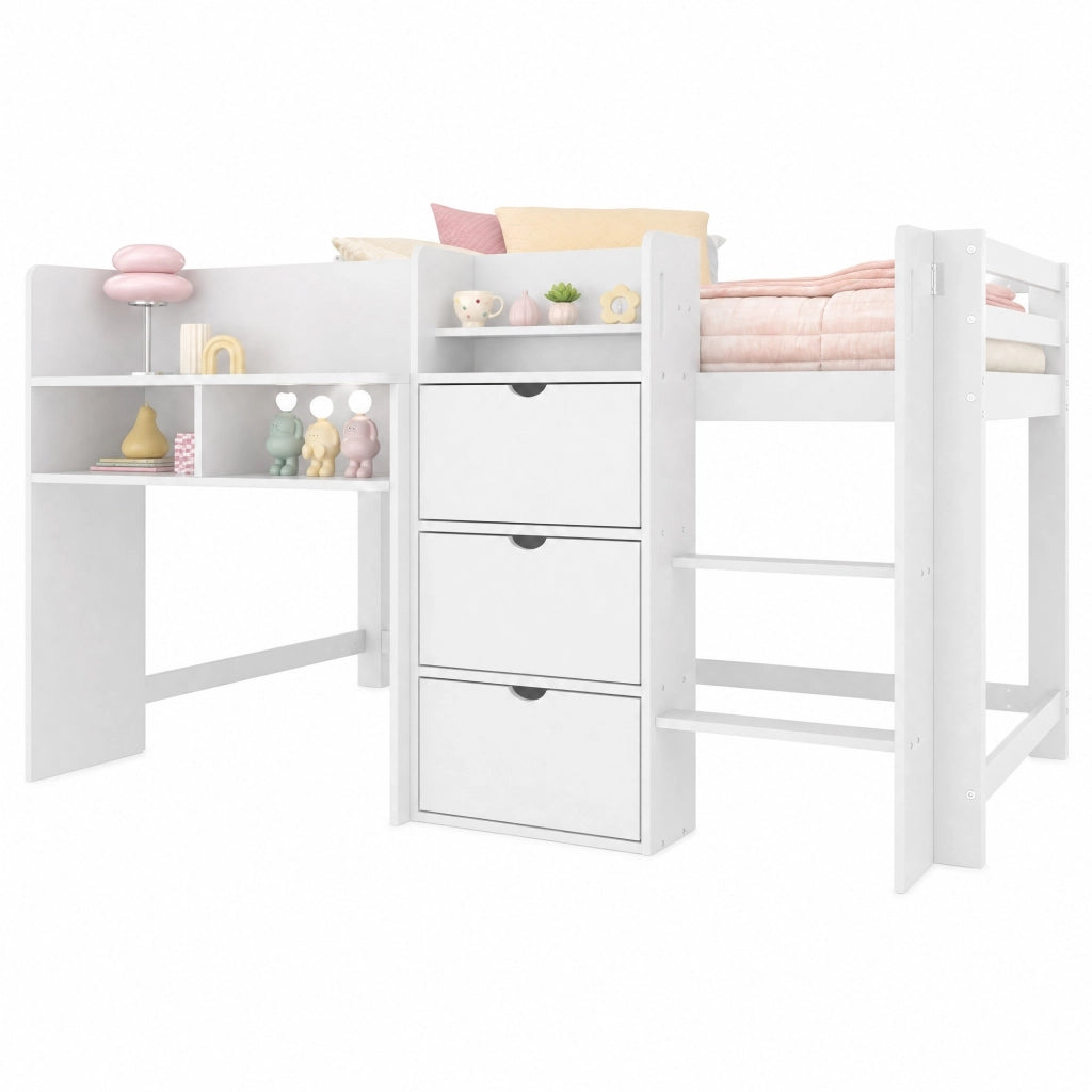 Letto a soppalco basso 90x200 cm con vano contenitore, scala e struttura in legno, bianco