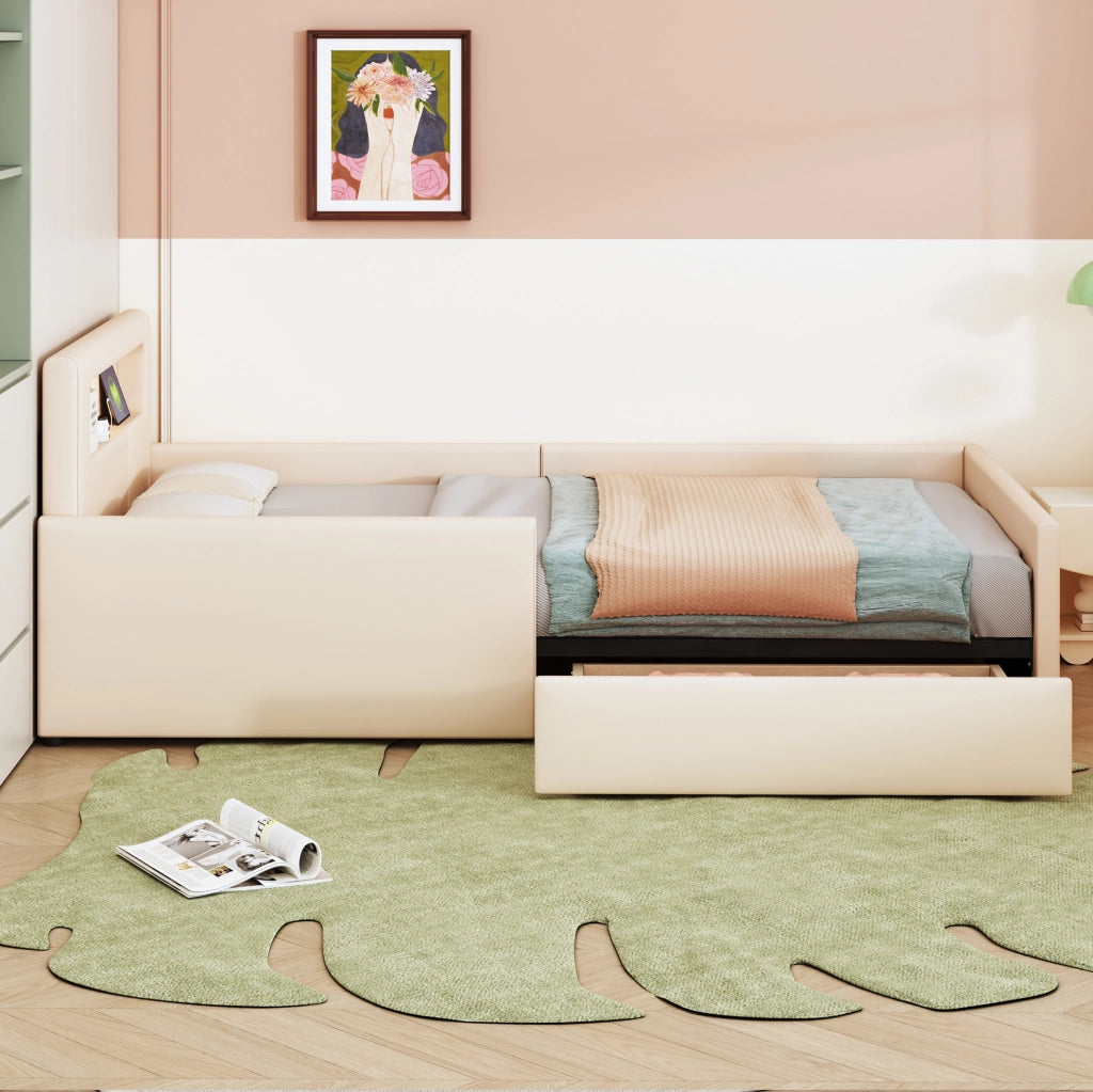 Letto imbottito per bambini 90x200 cm; con luce notturna e USB; ecopelle beige