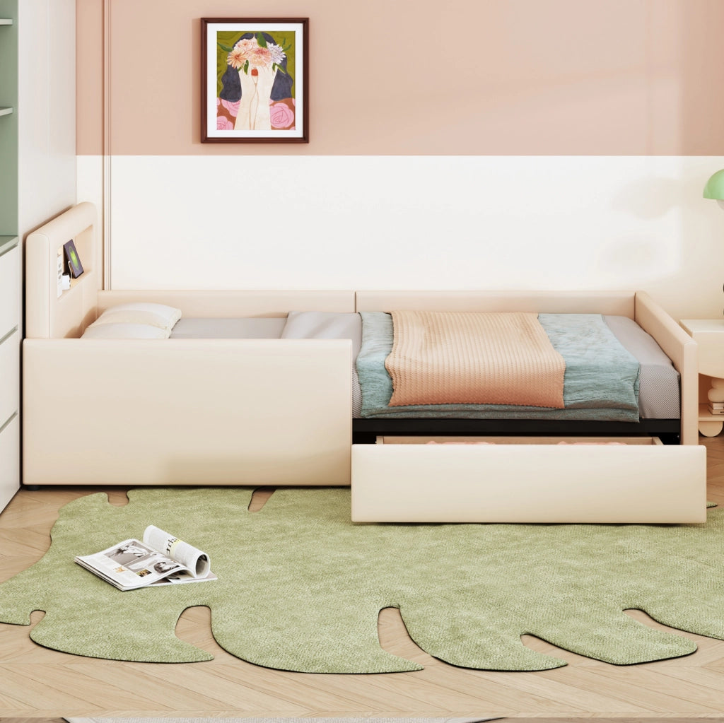 Letto imbottito per bambini 90x200 cm; con luce notturna e USB; ecopelle beige