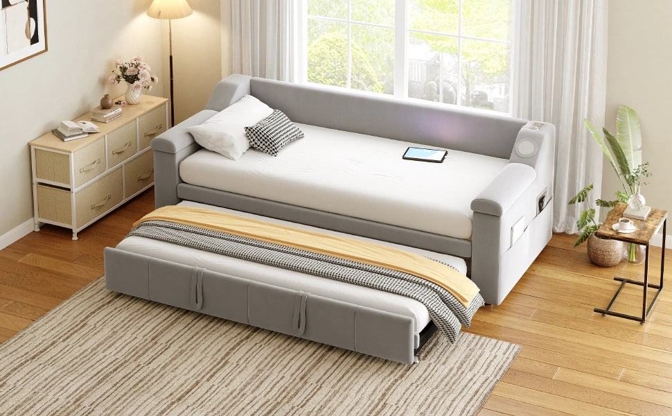 Letto divano trasformabile con altoparlanti bluetooth e rete a doghe velluto grigio 90x190 cm