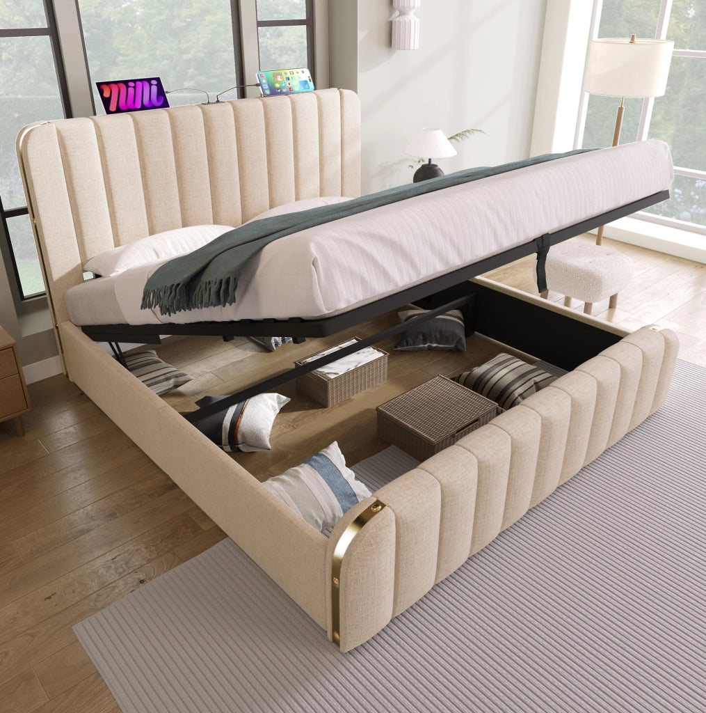Letto matrimoniale contenitore 180x200 cm beige con USB-C