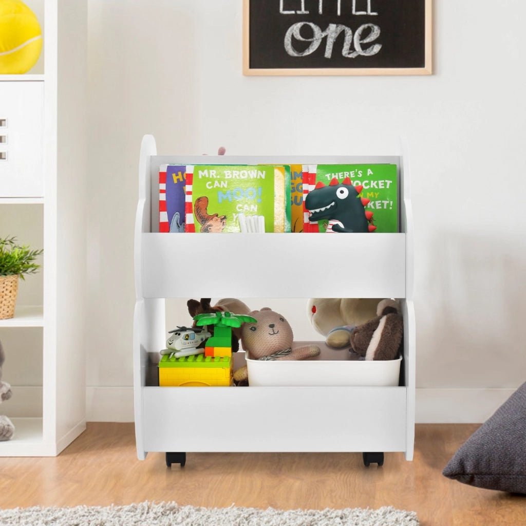 Libreria per bambini a 2 livelli con ruote aspetto adorabile e angoli arrotondati, Libreria bimbi spaziosa Bianco-Scaffalature