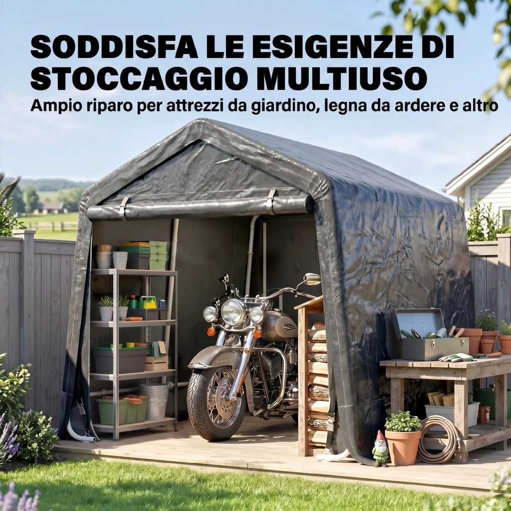 Tendone Garage per Auto, Moto e Attrezzi, in Metallo e Tessuto PE, 280x240x240 cm, Grigio
