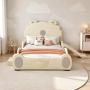 DESMIU Letto per Bambini 140 × 200 cm 2 Posti con Scivolo e Scaletta, Senza Materasso, in PU e MDF, Beige