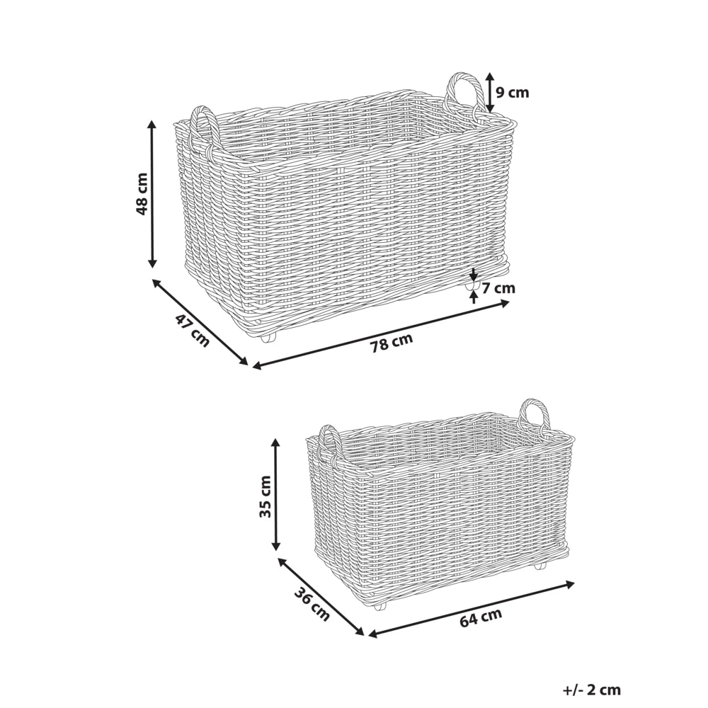 Set di 2 scatole in rattan naturale con ruote in plastica e manici in gomma, realizzati a mano con struttura in legno, in stile bohémien.