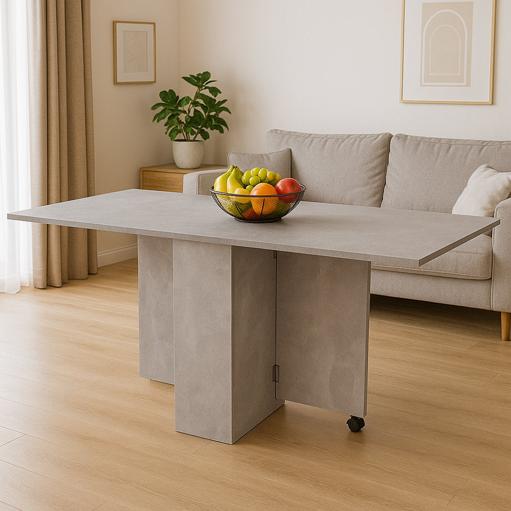 Tavolo da Pranzo Pieghevole Salvaspazio 140x75x74 cm Ante a Ribalta con Ruote Effetto Cemento