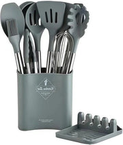 Set di accessori da cucina 13 pezzi - spatole in silicone termoresistente - manici in acciaio inossidabile - BPA libero - rivestimento antiaderente - grigio