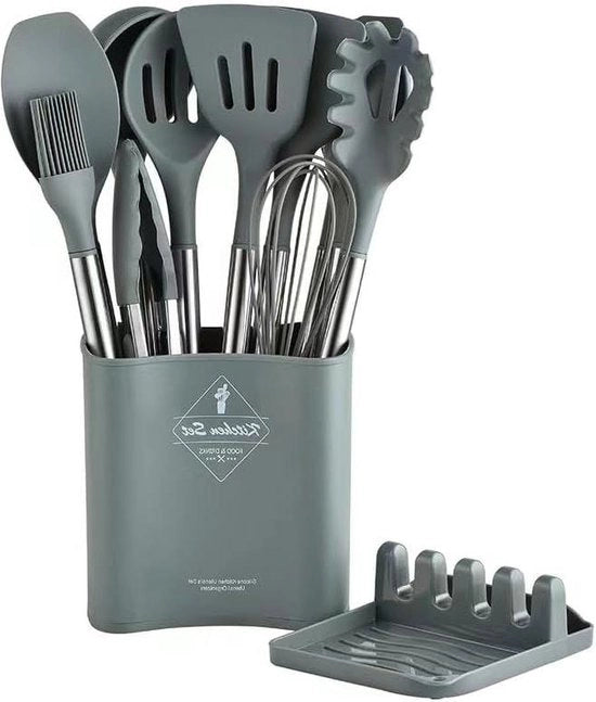 Set di accessori da cucina 13 pezzi - spatole in silicone termoresistente - manici in acciaio inossidabile - BPA libero - rivestimento antiaderente - grigio