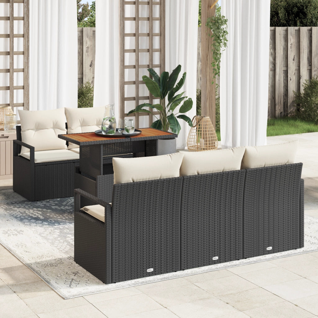 Set divani da giardino  6 pezzi con cuscini in polyrattan nero e acacia
