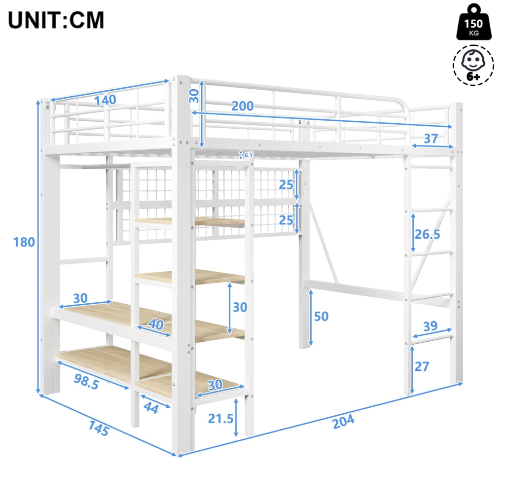 Letto a soppalco 204x145x180 cm con LED regolabile tramite app; metallo e MDF bianco