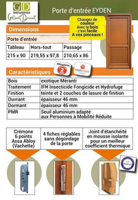 Porta D'ingresso In Legno Massello, Eyden, H.215xl.90 p.sinistra + Maniglia E Botte (ref010723NO) Lato Tavolo senza maniglia