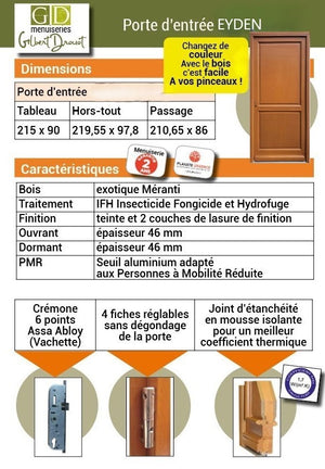 Porta D'ingresso In Legno Massello, Eyden, H.215xl.90 p.sinistra + Maniglia E Botte (ref010723NO) Lato Tavolo senza maniglia