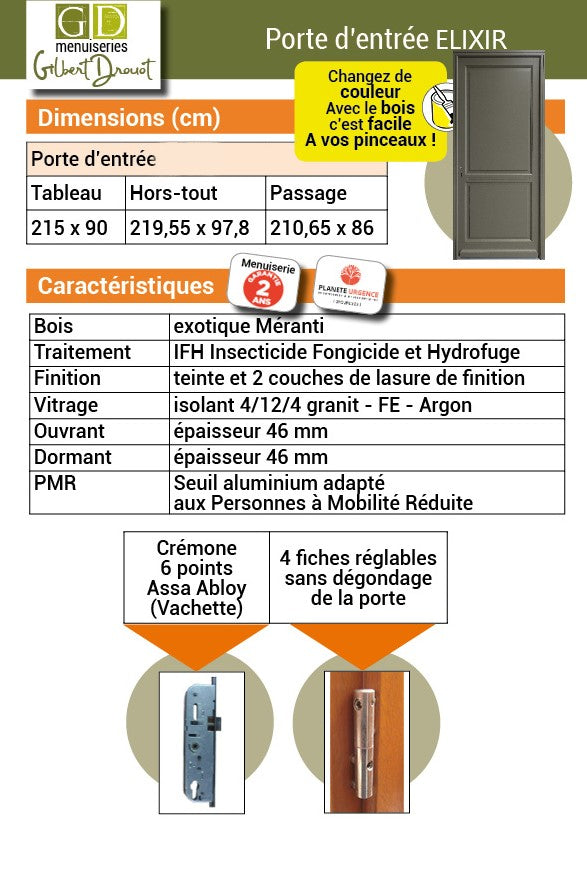 Porta d'ingresso in Legno Massello, Elixir, Verde RAL7002, H.215xl.90 p. destra + Maniglia E Canna (ref010723NO) Dimensioni tavolo senza maniglia