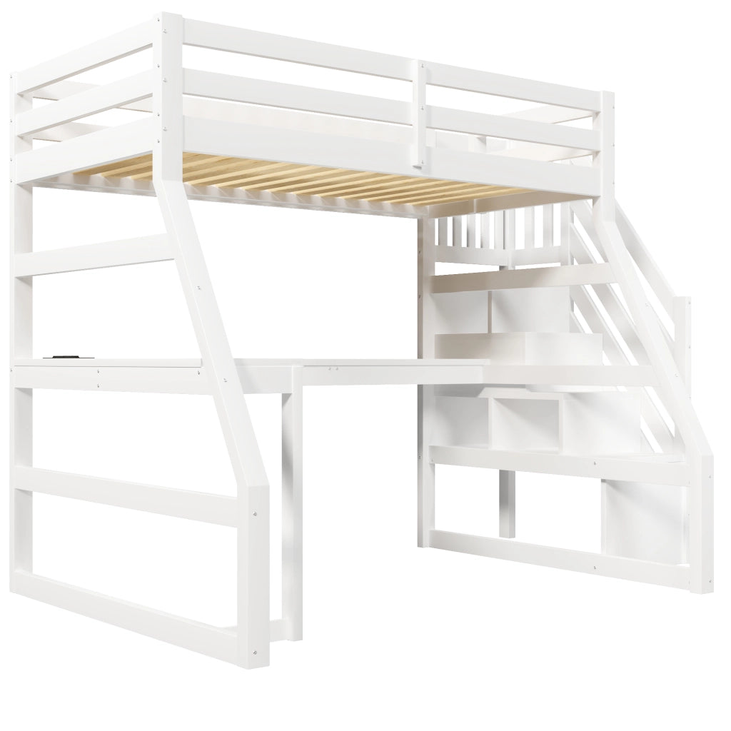 Letto a Soppalco Singolo 90x200 cm; Scrivania a L; LED e Scala con Contenitore