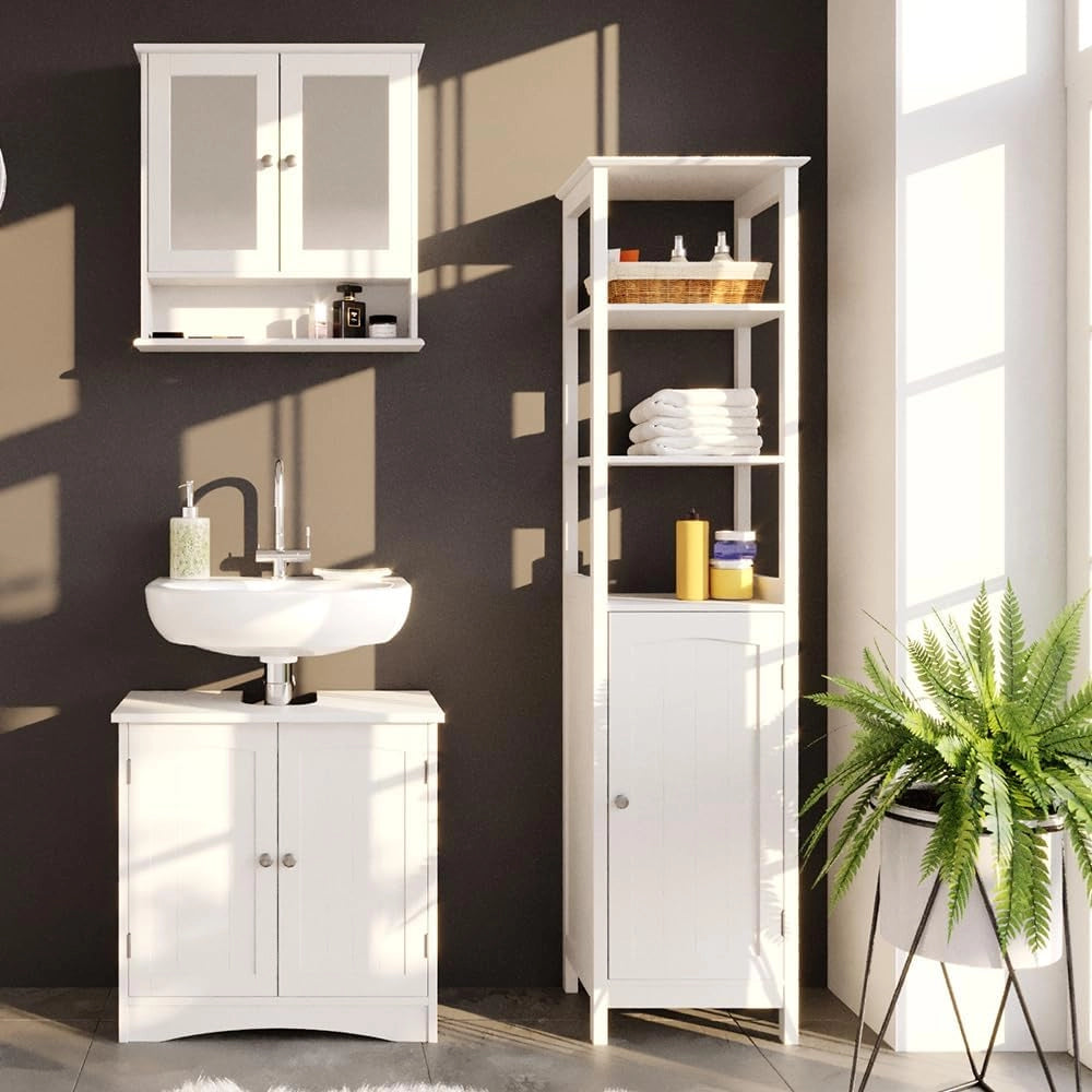 Set mobili bagno Bianco, Bianco, 60 cm, composto da mobile sottolavabo, specchiera e colonna alta