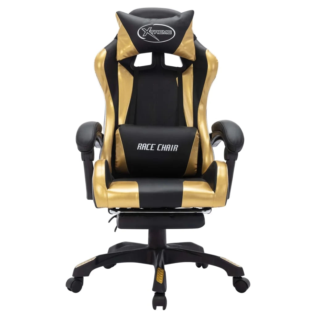 Sedia girevole da ufficio/studio per uso computer videogiochi con illuminazione LED RGB dorata e similpelle dorata 02_0024204