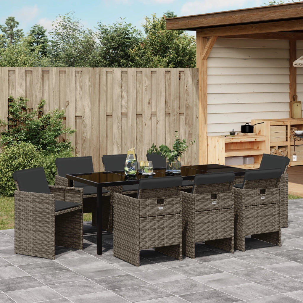 Set da Pranzo Giardino 9 Pezzi con Cuscini Grigio Polyrattan