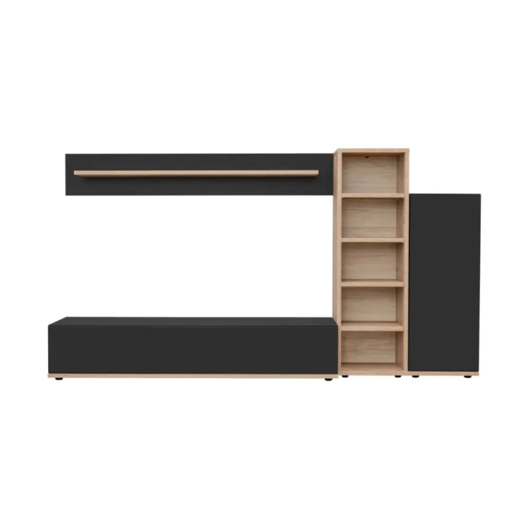 Composizione murale RHYS – Mobile TV, colonne e scaffali – Rovere Ribbeck e nero opaco