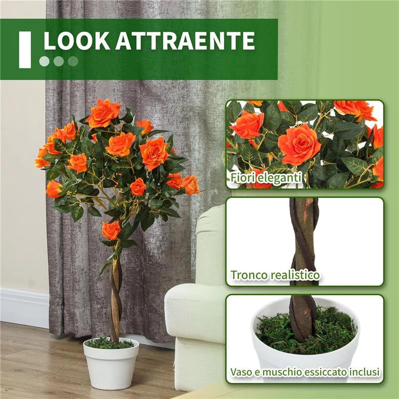 PIANTA FINTA DI CAMELIA DA 21 FIORI CON VASO RIEMPITO IN CEMENTO E MUSCHIO, Ï18X90 CM, ARANCIONE