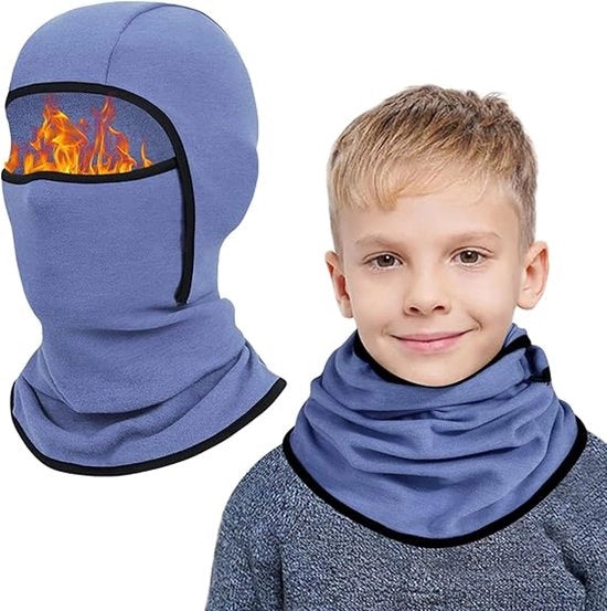 Due cappuccioli per bambini da 6 a 14 anni, maschera da sci multifunzionale impermeabile al vento, cappello da ciclista con guanto colletto, pet per ragazzi e ragazze, sport all'aperto in inverno, Blu denim